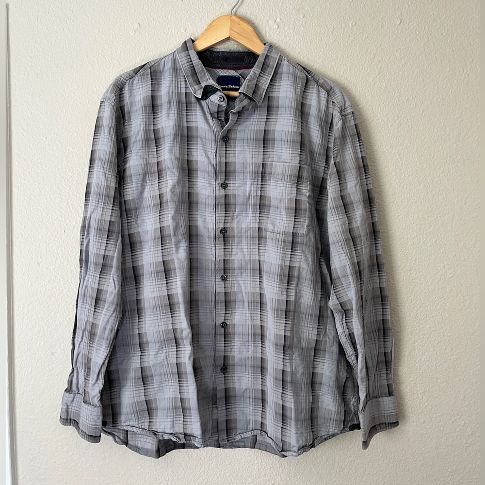 Tommy Bahama Silk Blend Button Down Long Sleeve Dress Shirt Men XXL Grey Plaid